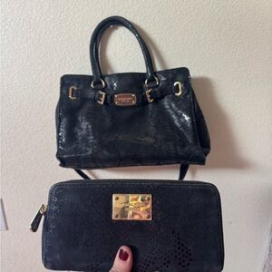 Michael Kors Vintage Black Snakeskin Satchel and Wallet Bundle Set